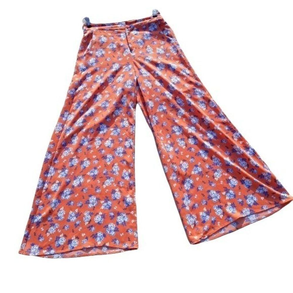 J.O.A. Retro 70's High Rise Wide Flowy Leg Micro Floral Print Orange Sz M